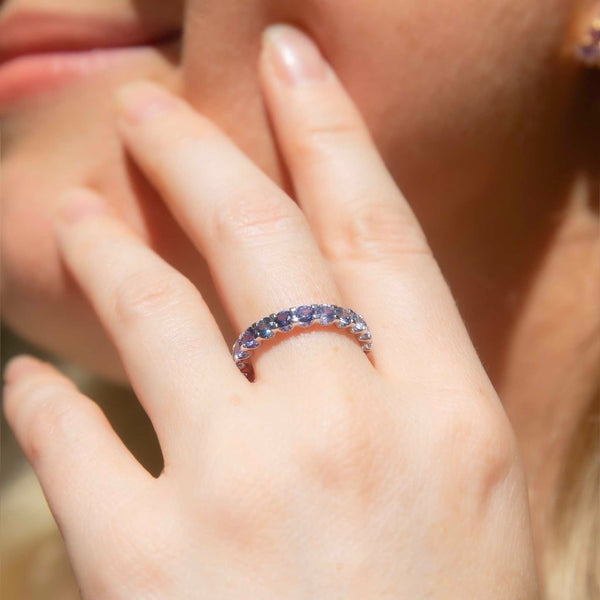 "Belle Blue 18ct white gold ring with Ceylon sapphire ombre design, elegant jewelry piece, perfect for special occasions."