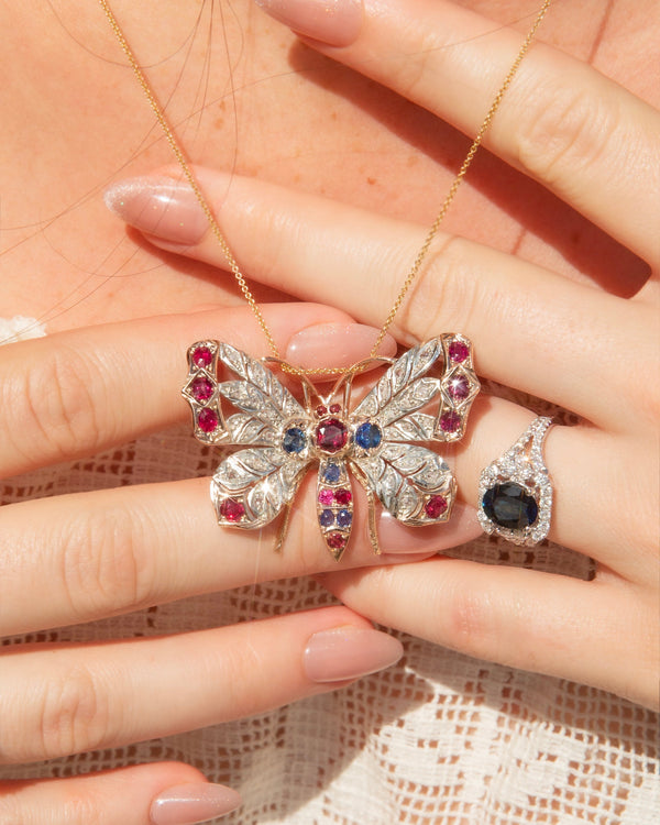 Betsy Antique Ruby Sapphire Diamond Butterfly Pendant 9ct Gold Pendants/Necklaces Imperial Jewellery 