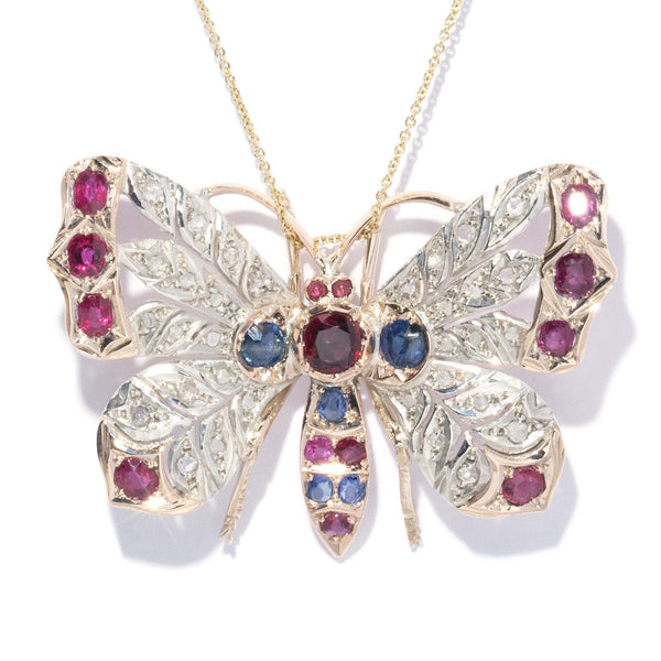 Betsy Antique Ruby Sapphire Diamond Butterfly Pendant 9ct Gold Pendants/Necklaces Imperial Jewellery 