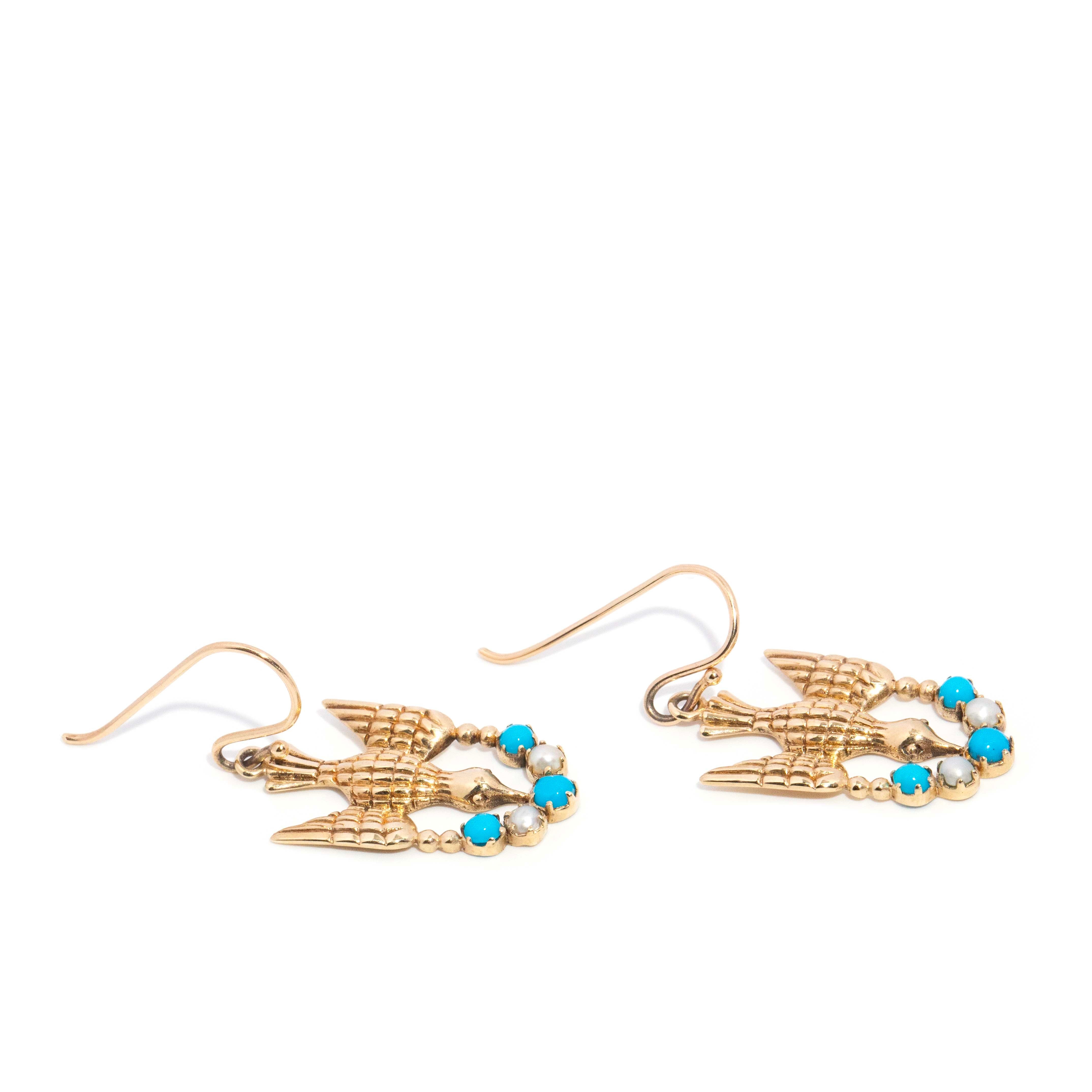 Branwen Turquoise & Seed Pearl Bird Earrings 9K Yellow Gold Earrings Anthology Jewellers 