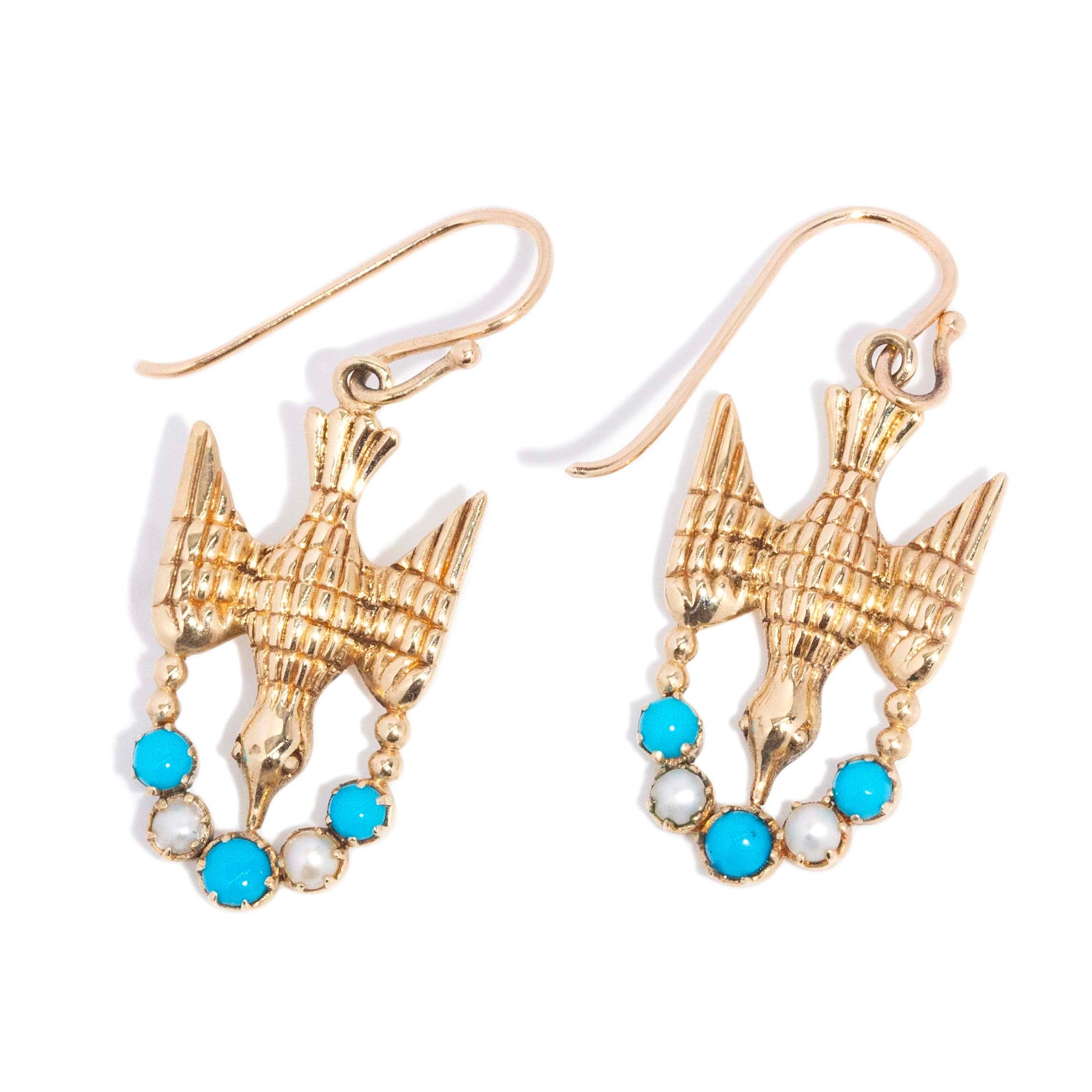 Branwen Turquoise & Seed Pearl Bird Earrings 9K Yellow Gold Earrings Anthology Jewellers 