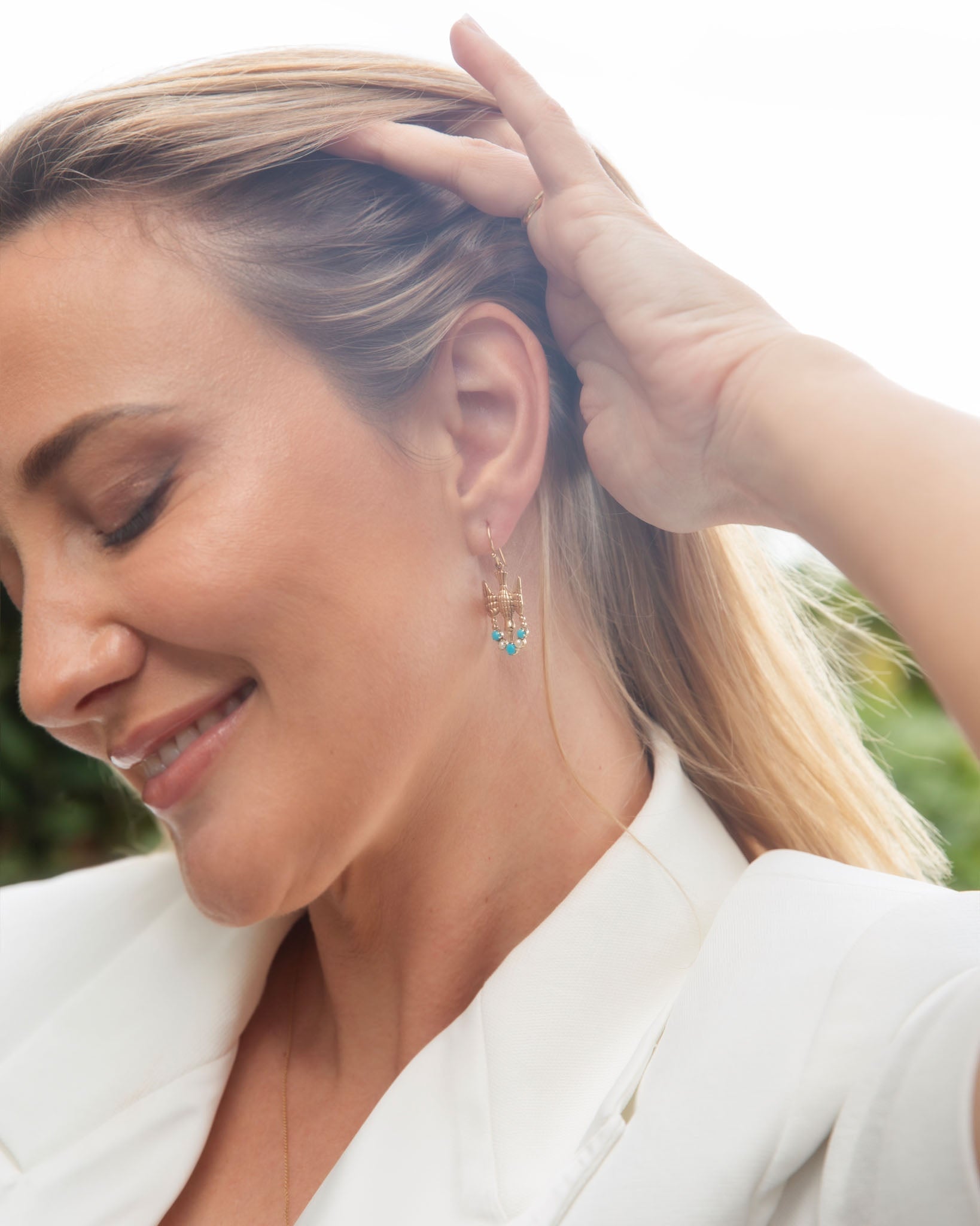 Branwen Turquoise & Seed Pearl Bird Earrings 9K Yellow Gold Earrings Anthology Jewellers 