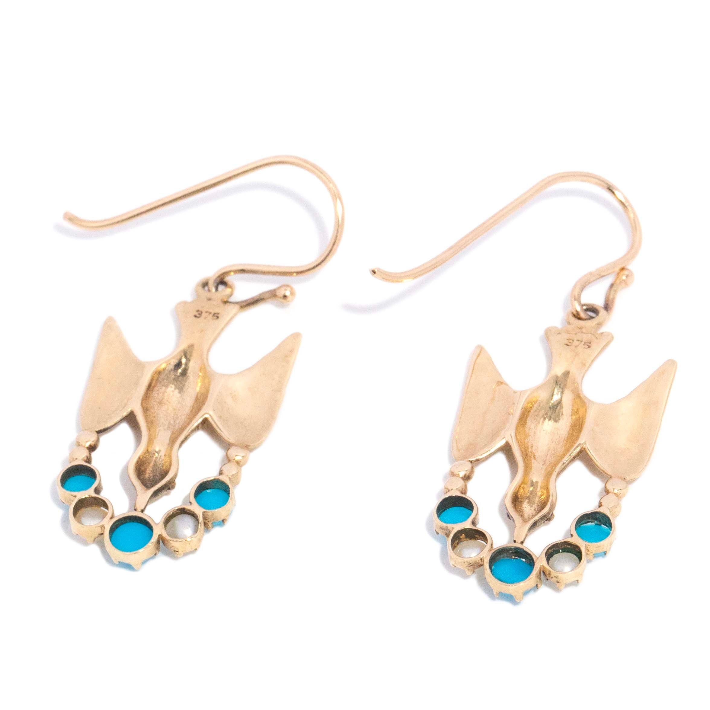Branwen Turquoise & Seed Pearl Bird Earrings 9K Yellow Gold Earrings Anthology Jewellers 