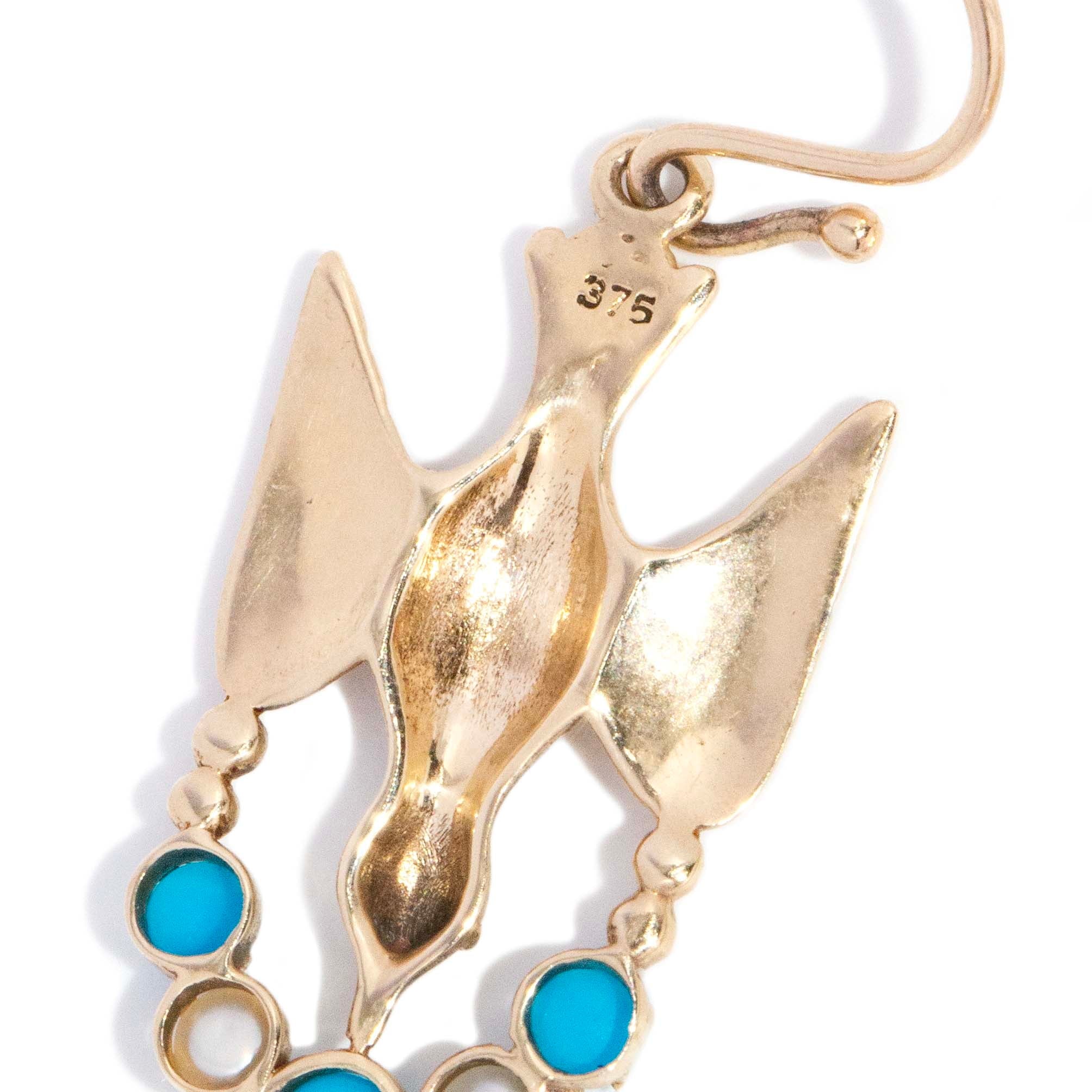 Branwen Turquoise & Seed Pearl Bird Earrings 9K Yellow Gold Earrings Anthology Jewellers 