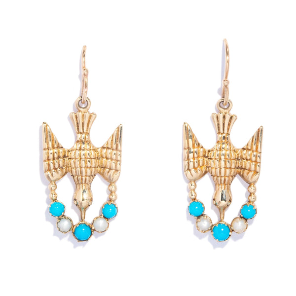 Branwen Turquoise & Seed Pearl Bird Earrings 9K Yellow Gold Earrings Anthology Jewellers 