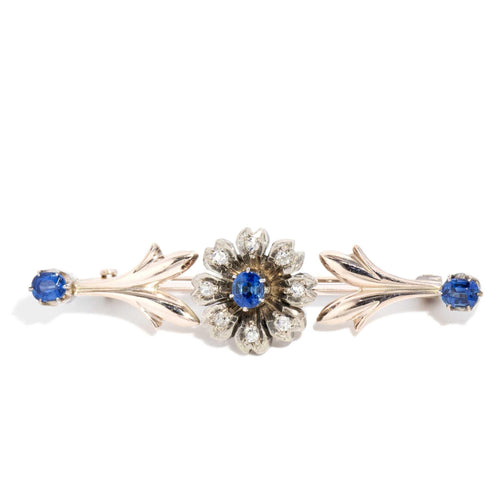 Briella 1930s Sapphire Old Mine Cut Diamond Brooch 15K Gold