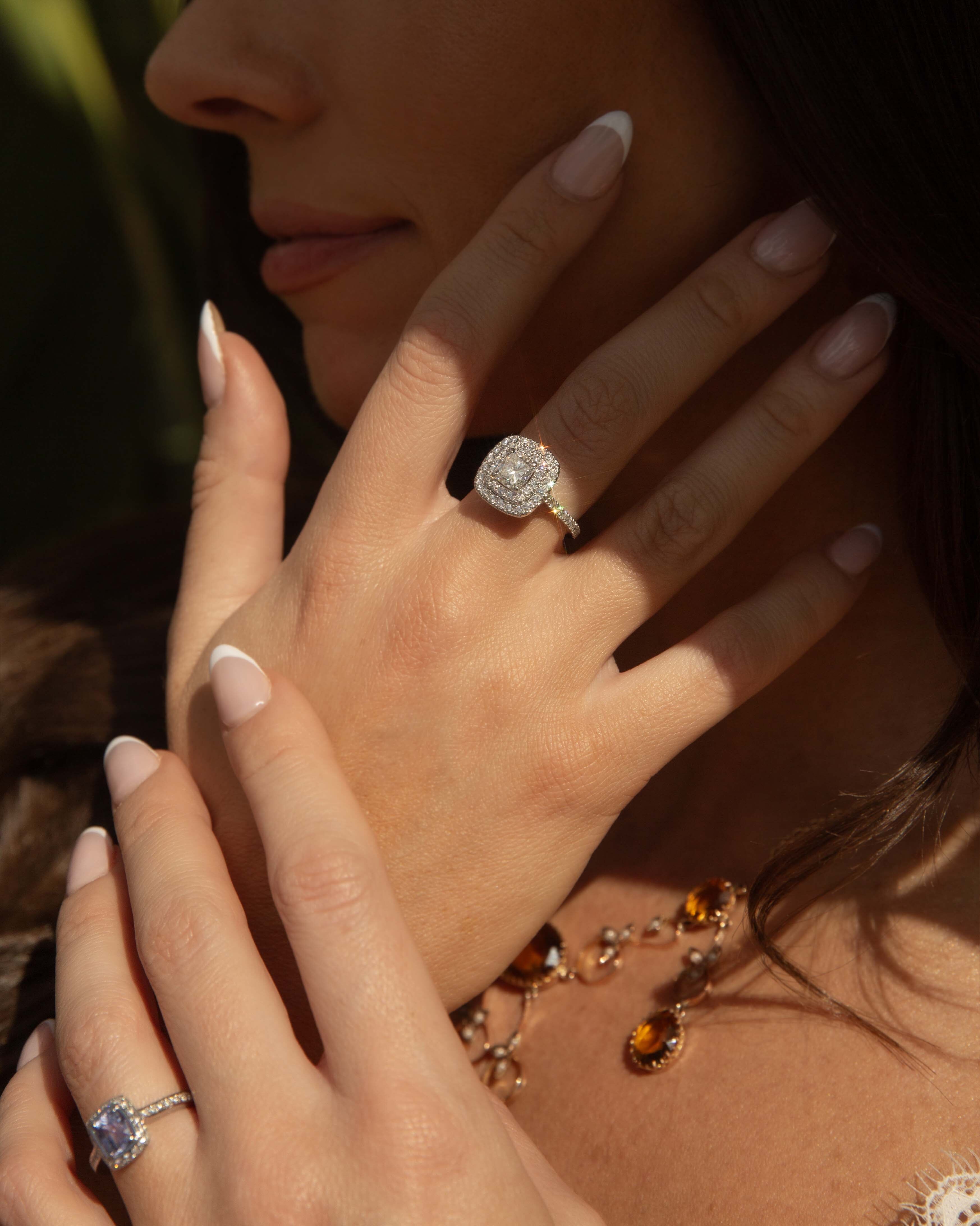 Brienne GIA Certified Cushion Cut Diamond Double Halo Ring 18ct White Gold Rings Imperial Jewellery 