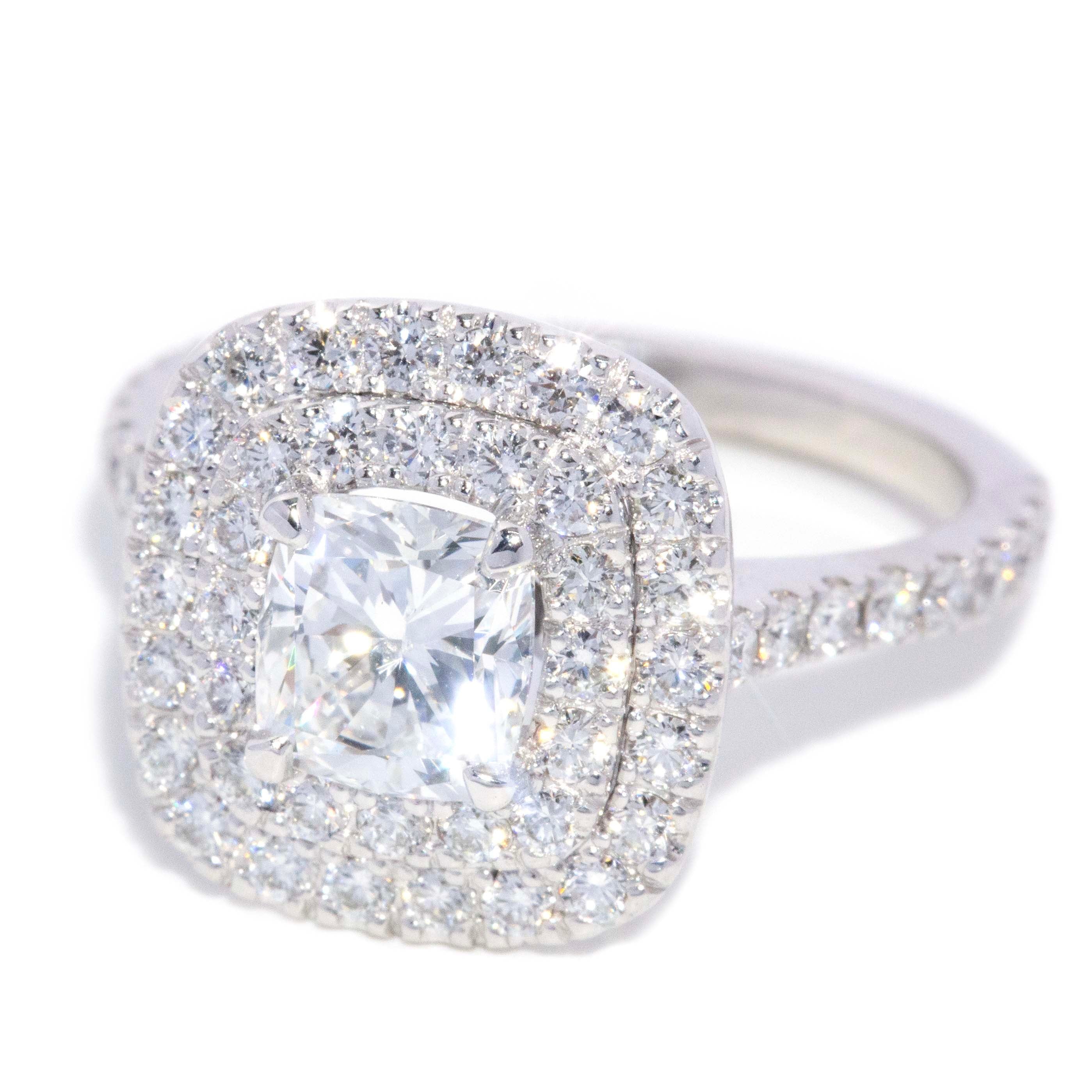 Brienne GIA Certified Cushion Cut Diamond Double Halo Ring 18ct White Gold Rings Imperial Jewellery 