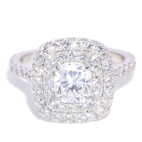 Brienne GIA Certified Cushion Cut Diamond Double Halo Ring 18ct White Gold Rings Imperial Jewellery 