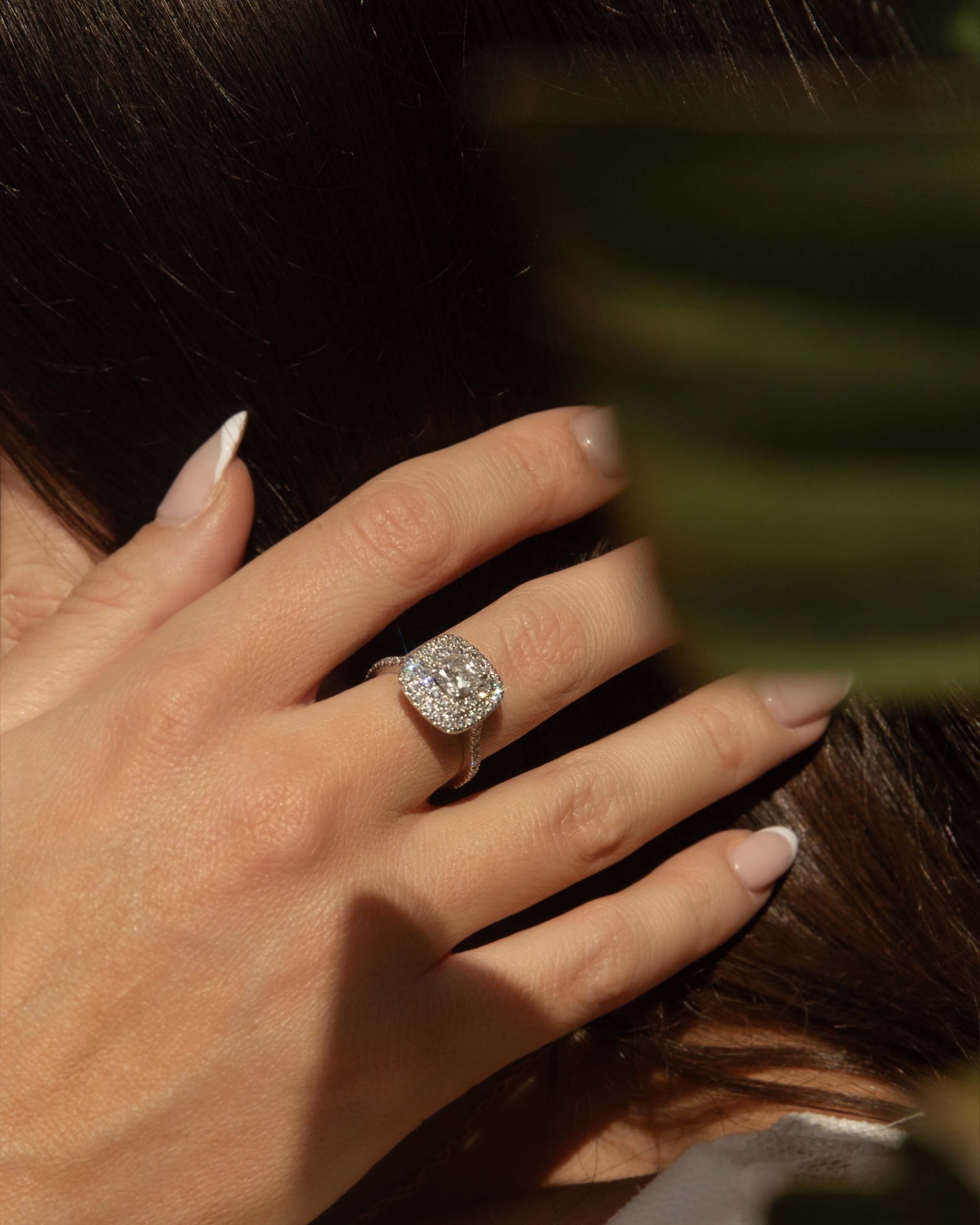 Brienne GIA Certified Cushion Cut Diamond Double Halo Ring 18ct White Gold Rings Imperial Jewellery 