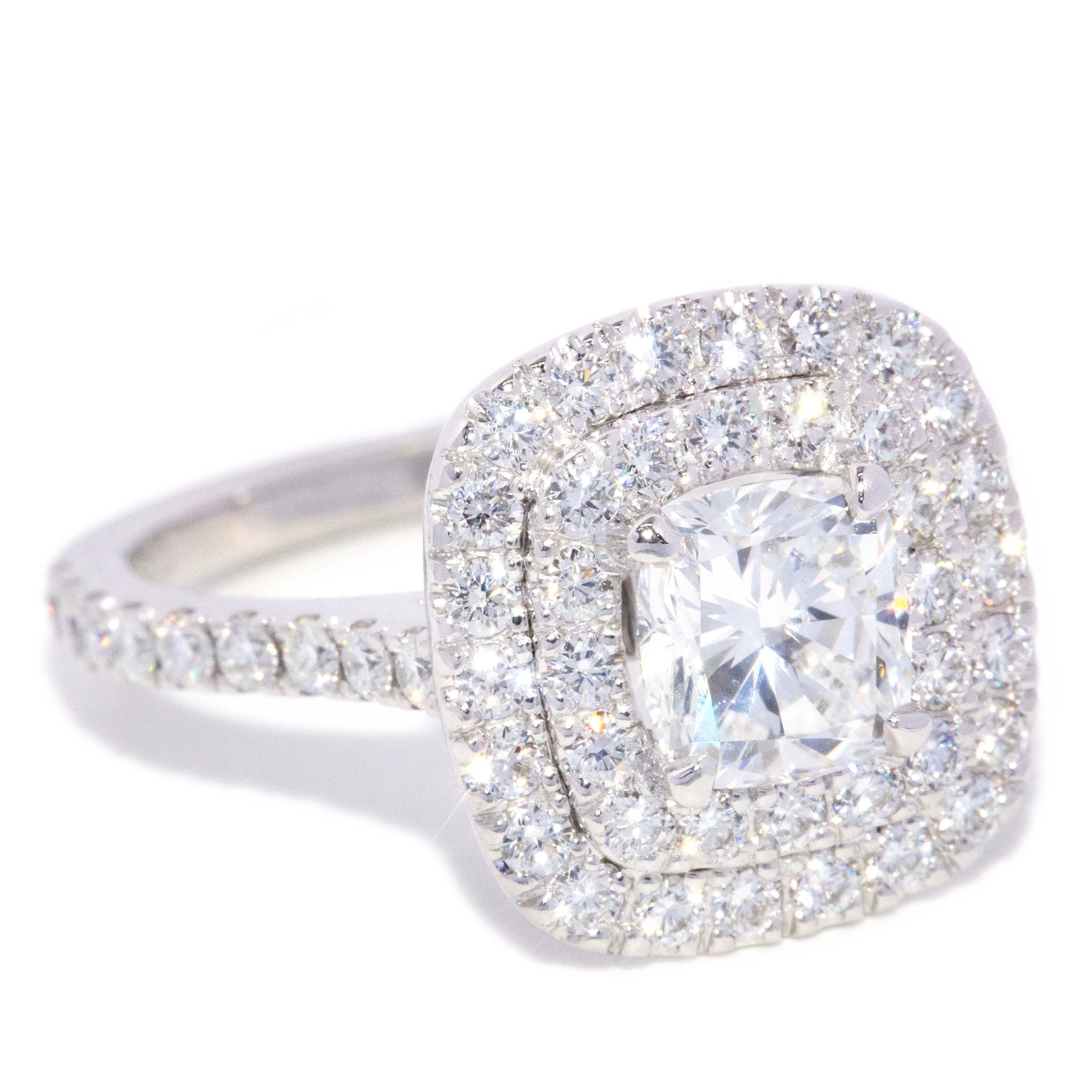 Brienne GIA Certified Cushion Cut Diamond Double Halo Ring 18ct White Gold Rings Imperial Jewellery 