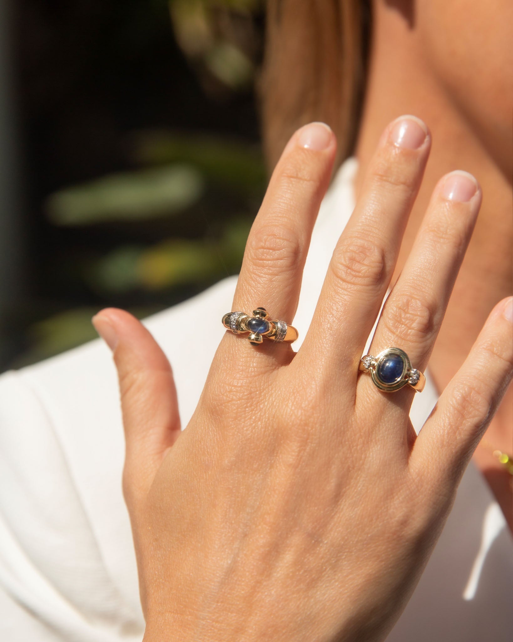 Briony 1980s Cabochon Sapphire Diamond Ring 14K Two Tone Gold Rings Anthology Jewellers 