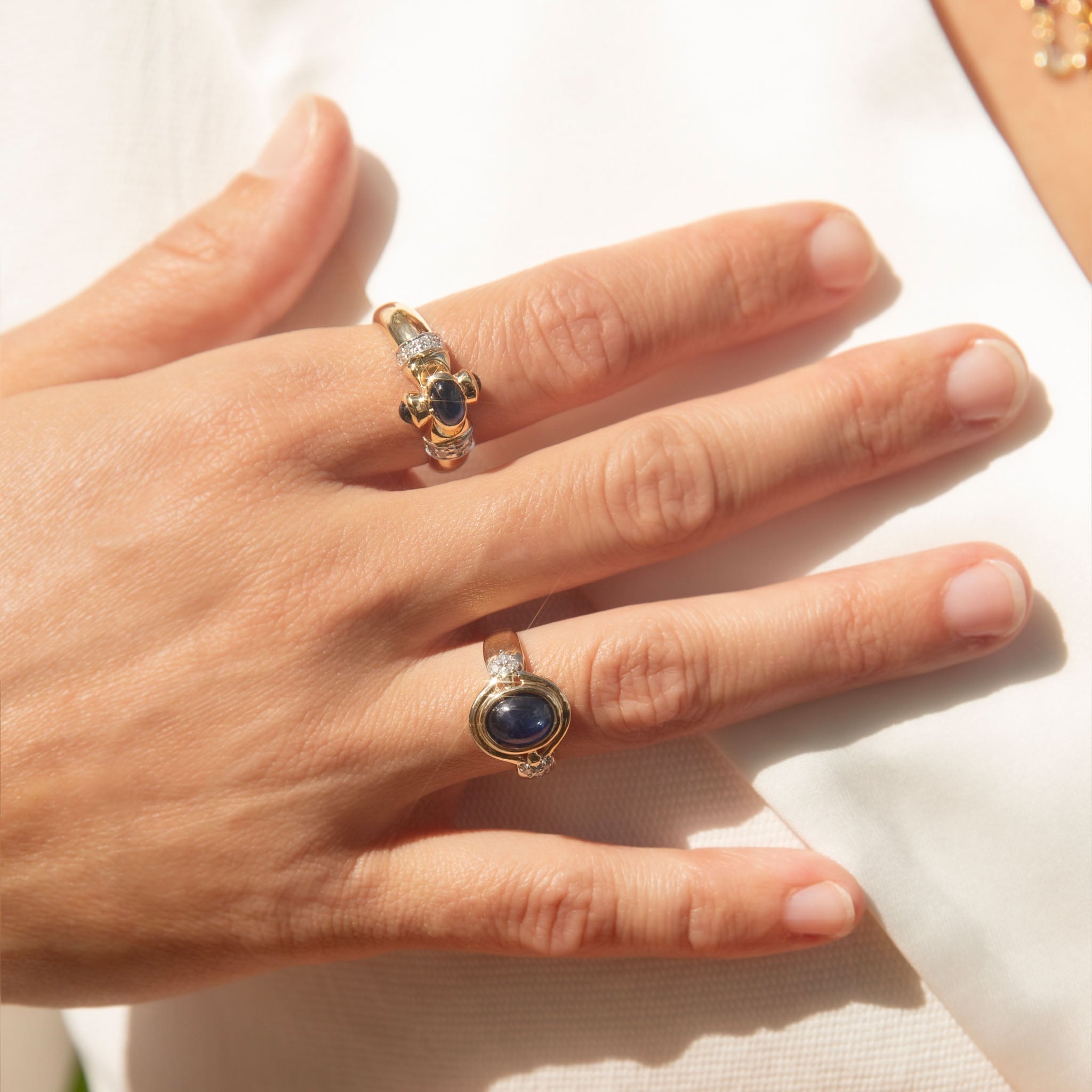 Briony 1980s Cabochon Sapphire Diamond Ring 14K Two Tone Gold Rings Anthology Jewellers 