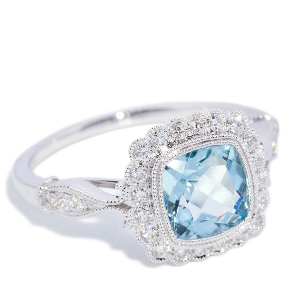 Celine Aquamarine & Diamond Halo Ring 18K White Gold Rings Anthology Jewellers 