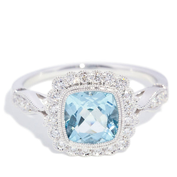 Celine Aquamarine & Diamond Halo Ring 18K White Gold Rings Anthology Jewellers 