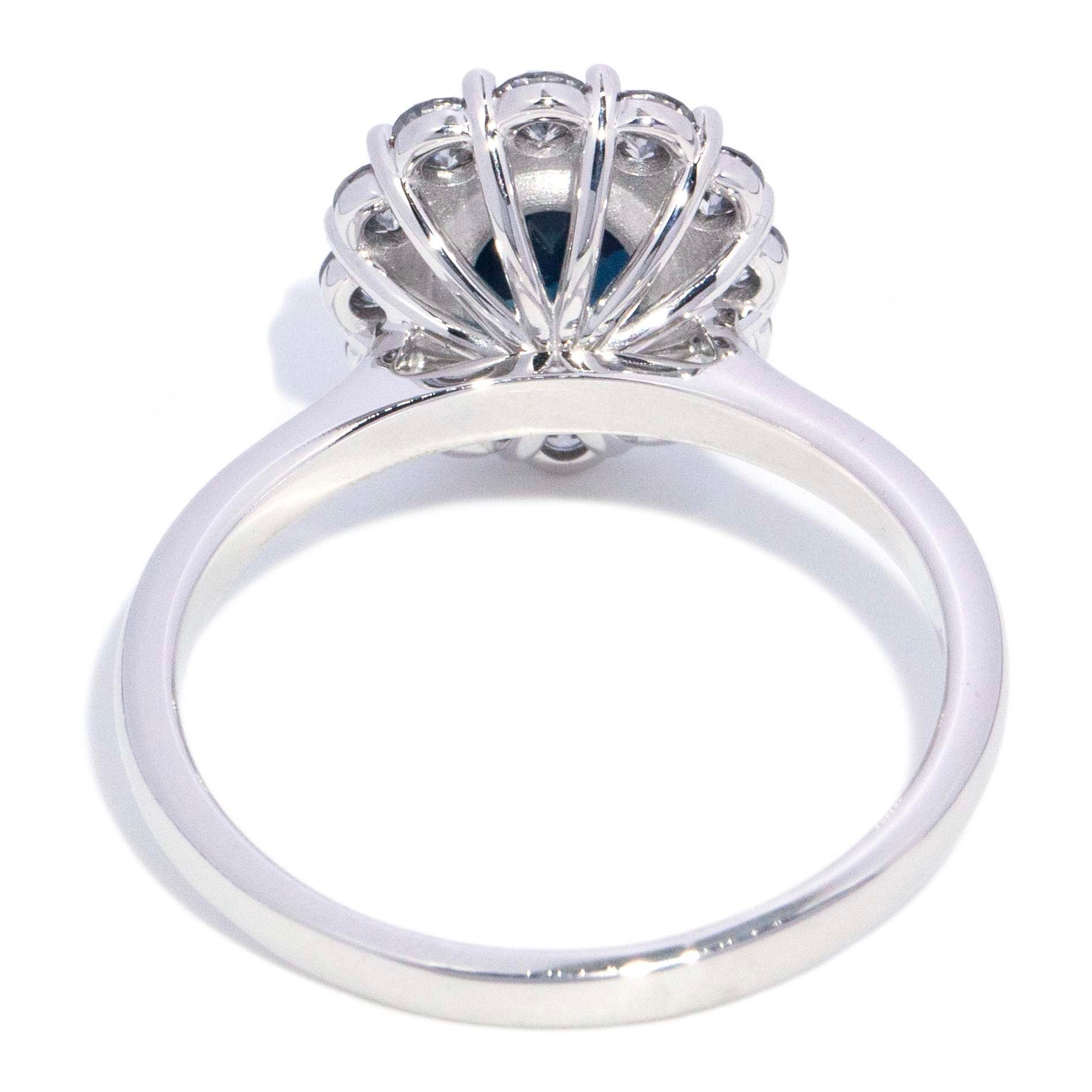 Chrissie Blue Sapphire & Diamond Halo Ring 18K White Gold Rings Anthology Jewellers 