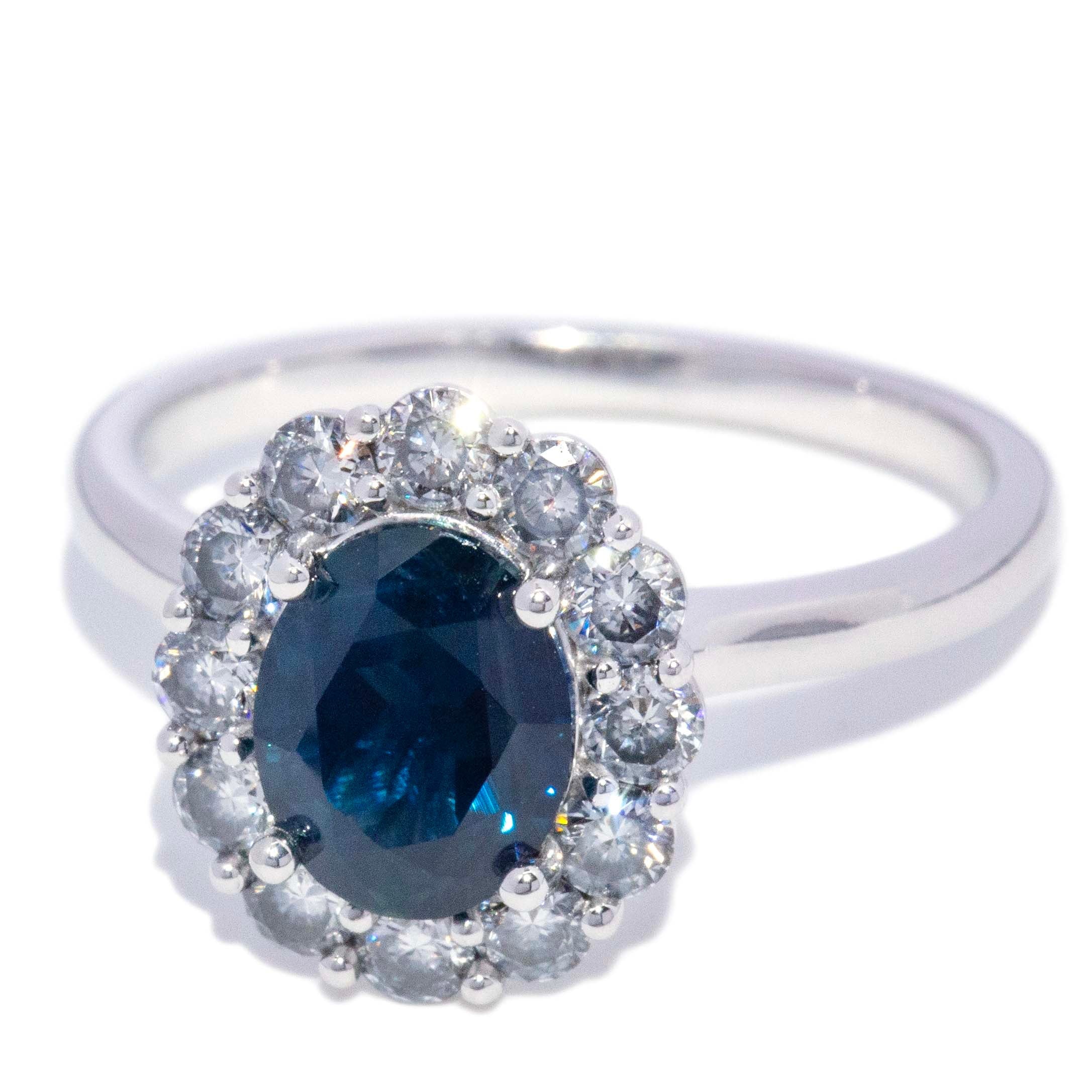 Chrissie Blue Sapphire & Diamond Halo Ring 18K White Gold Rings Anthology Jewellers 