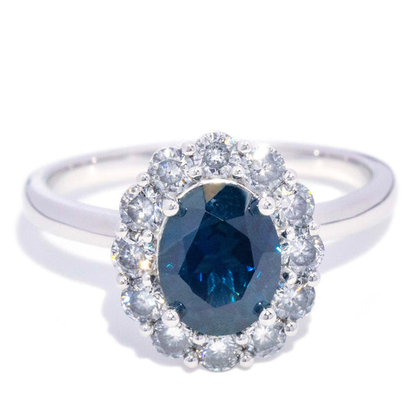 Chrissie Blue Sapphire & Diamond Halo Ring 18K White Gold Rings Anthology Jewellers 