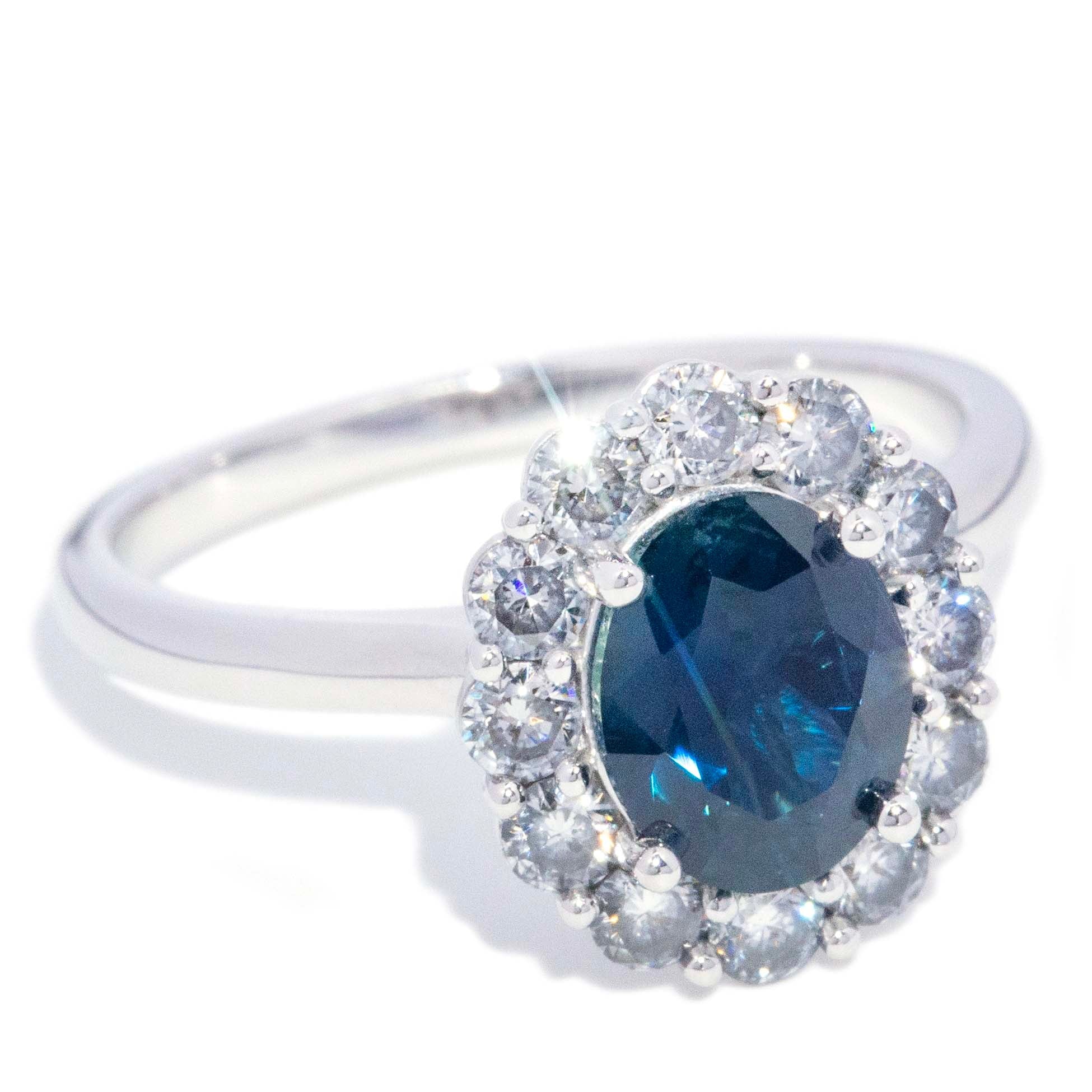 Chrissie Blue Sapphire & Diamond Halo Ring 18K White Gold Rings Anthology Jewellers 