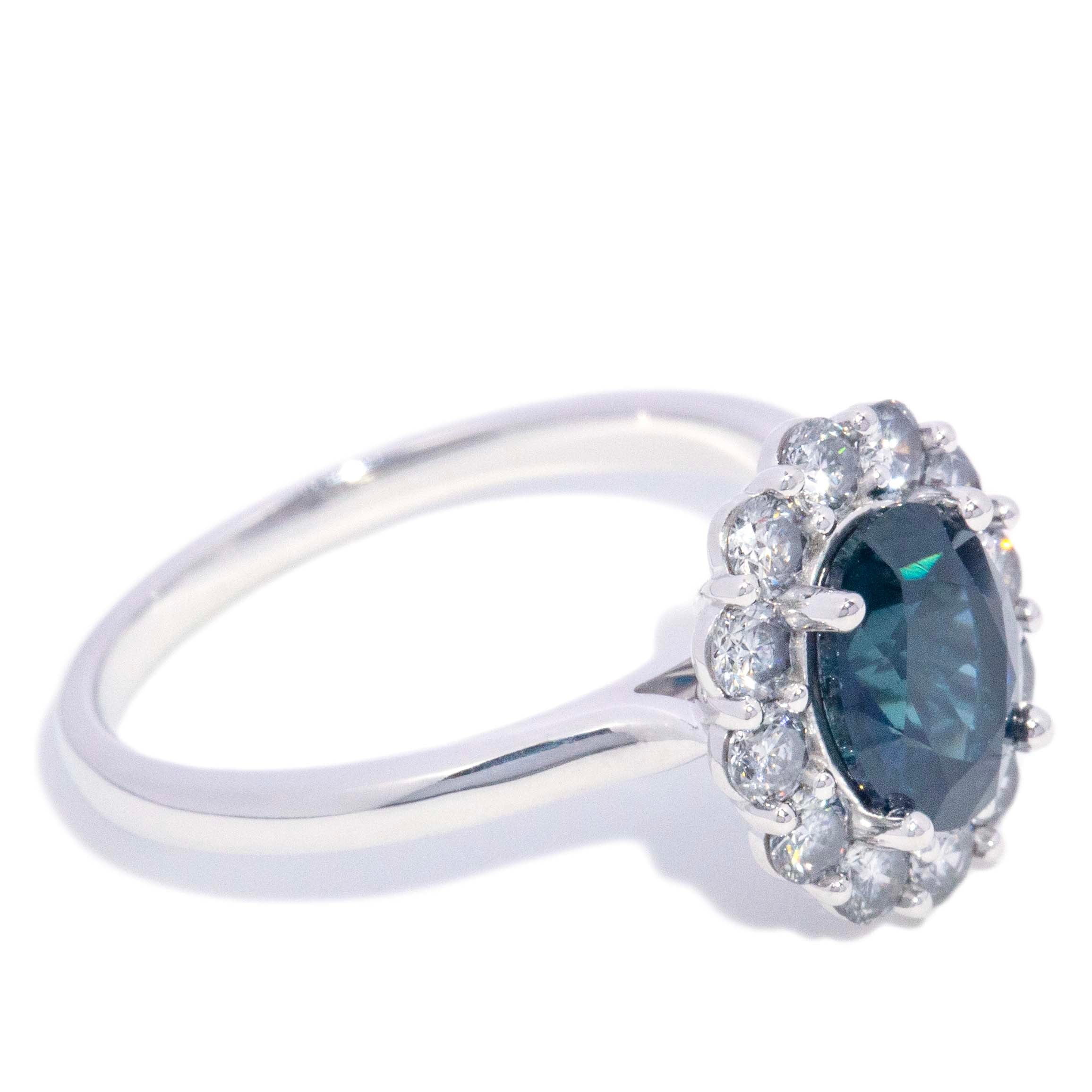 Chrissie Blue Sapphire & Diamond Halo Ring 18K White Gold Rings Anthology Jewellers 