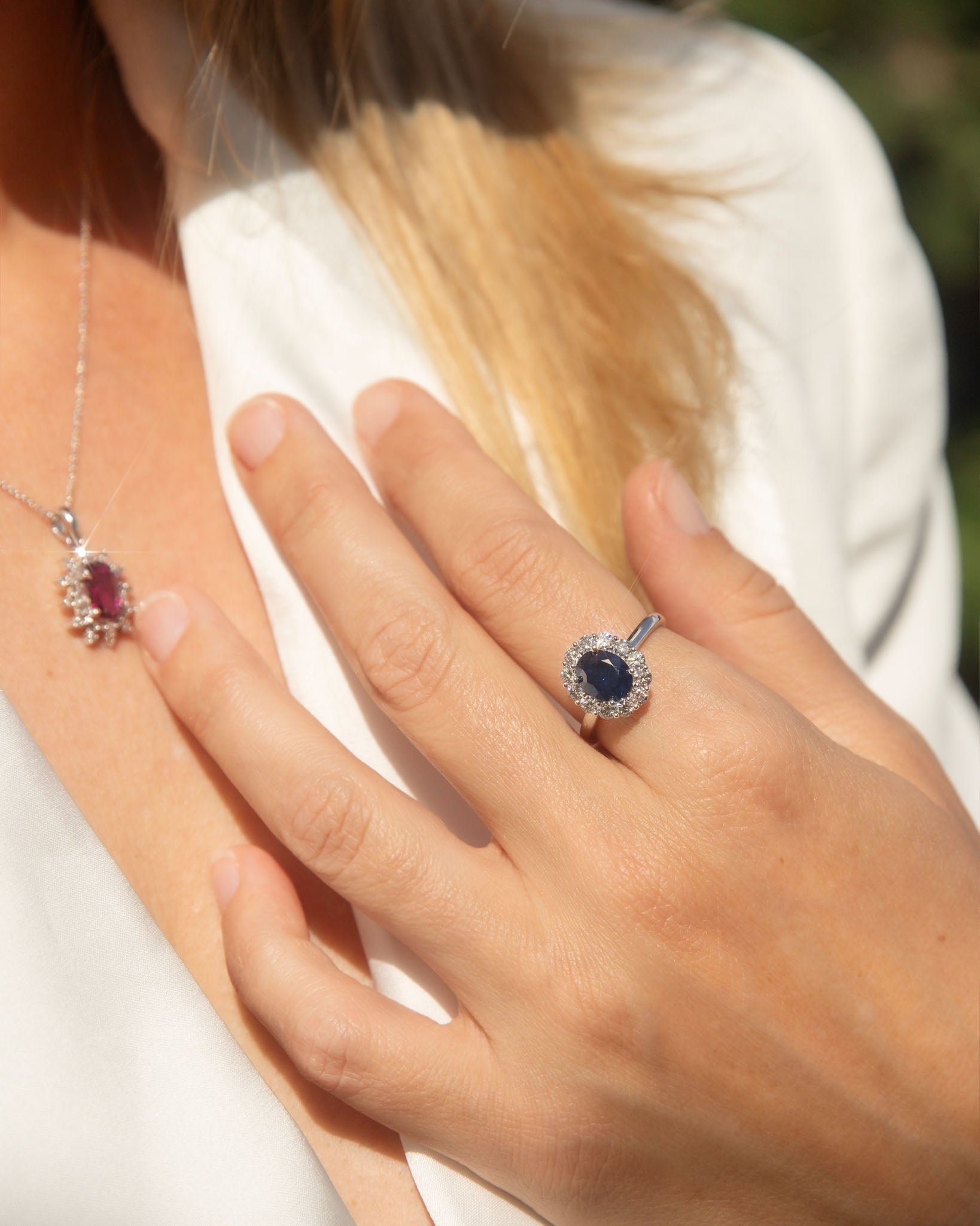 Chrissie Blue Sapphire & Diamond Halo Ring 18K White Gold Rings Anthology Jewellers 