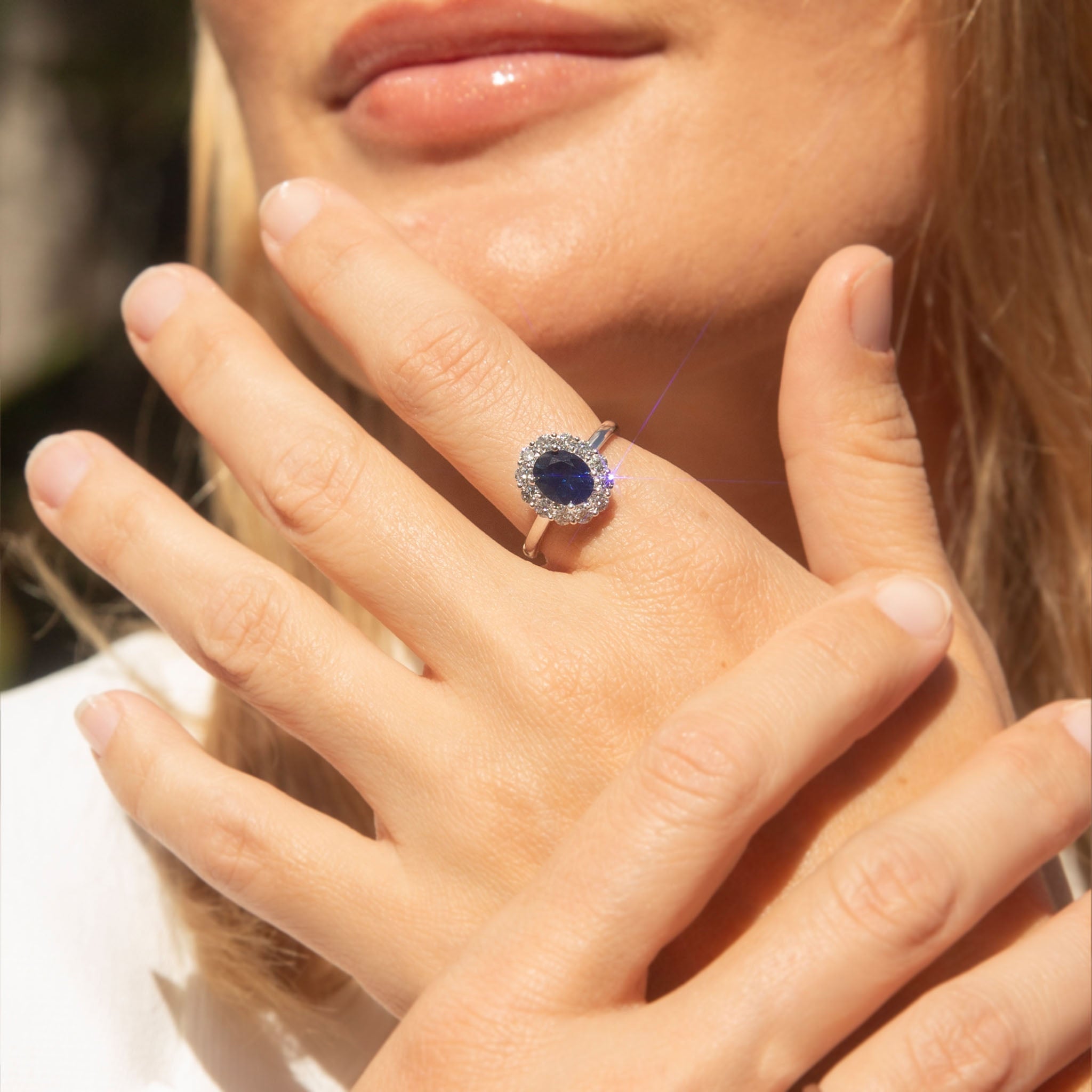 Chrissie Blue Sapphire & Diamond Halo Ring 18K White Gold Rings Anthology Jewellers 