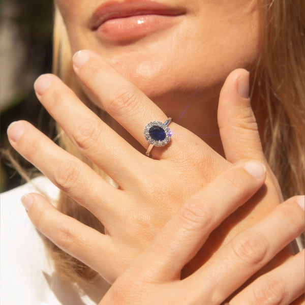 Chrissie Blue Sapphire & Diamond Halo Ring 18K White Gold Rings Anthology Jewellers 
