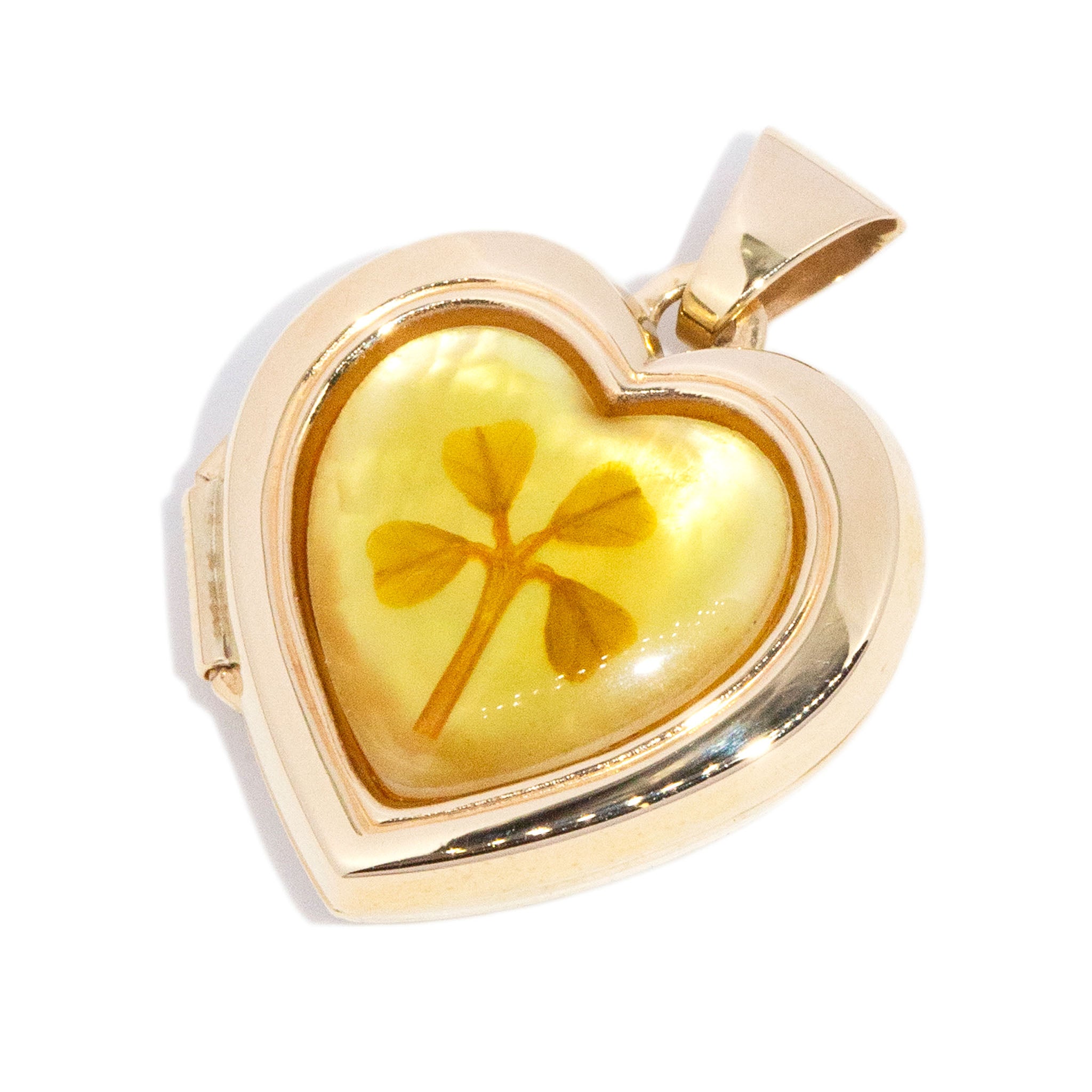 Genuine Four Leaf Clover Heart Locket Pendant 9K Yellow Gold