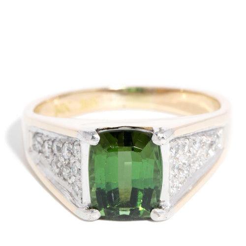Collins 1980s Green Tourmaline Diamond Ring 14K Yellow Gold