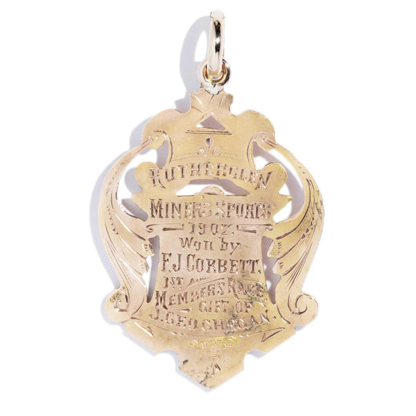 Antique 1907 Shield Award Pendant 9 Carat Yellow Gold (OB)