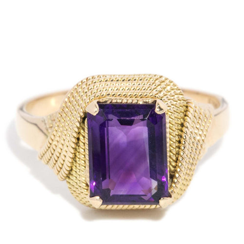 Cosette 1970s Amethyst Textured Folding Ring 9K Yellow Gold