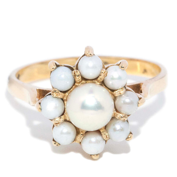 Dahlia 1970s Cultured Pearl Ring 9ct Yellow Gold Rings Imperial Jewellery 