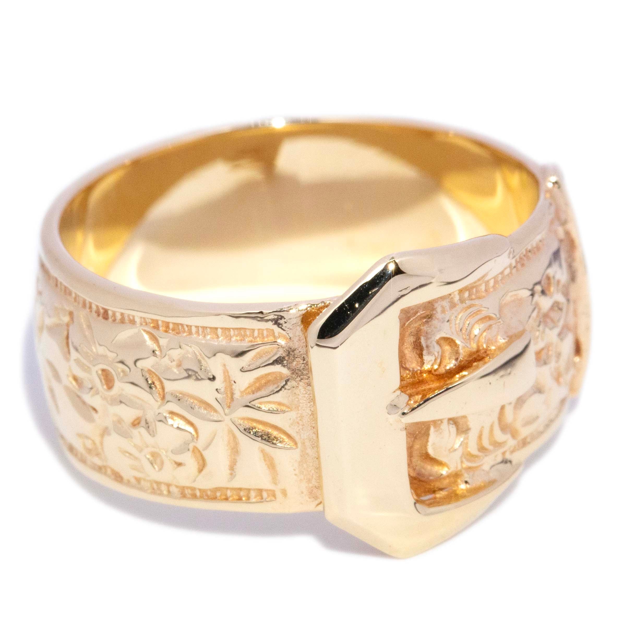 Daniel 1970s Engraved Belt Buckle Ring 9K Yellow Gold Rings Anthology Jewellers 