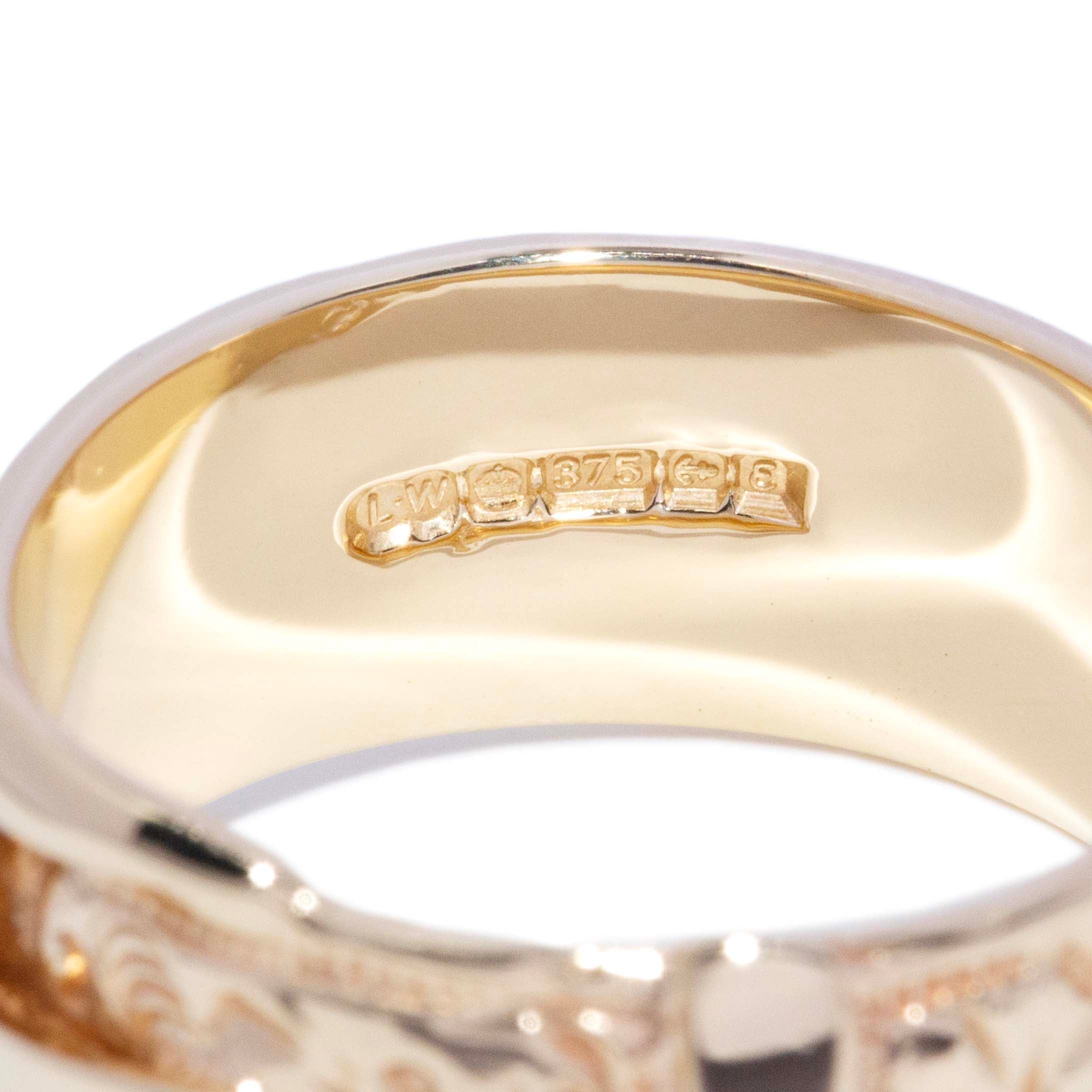 Daniel 1970s Engraved Belt Buckle Ring 9K Yellow Gold Rings Anthology Jewellers 