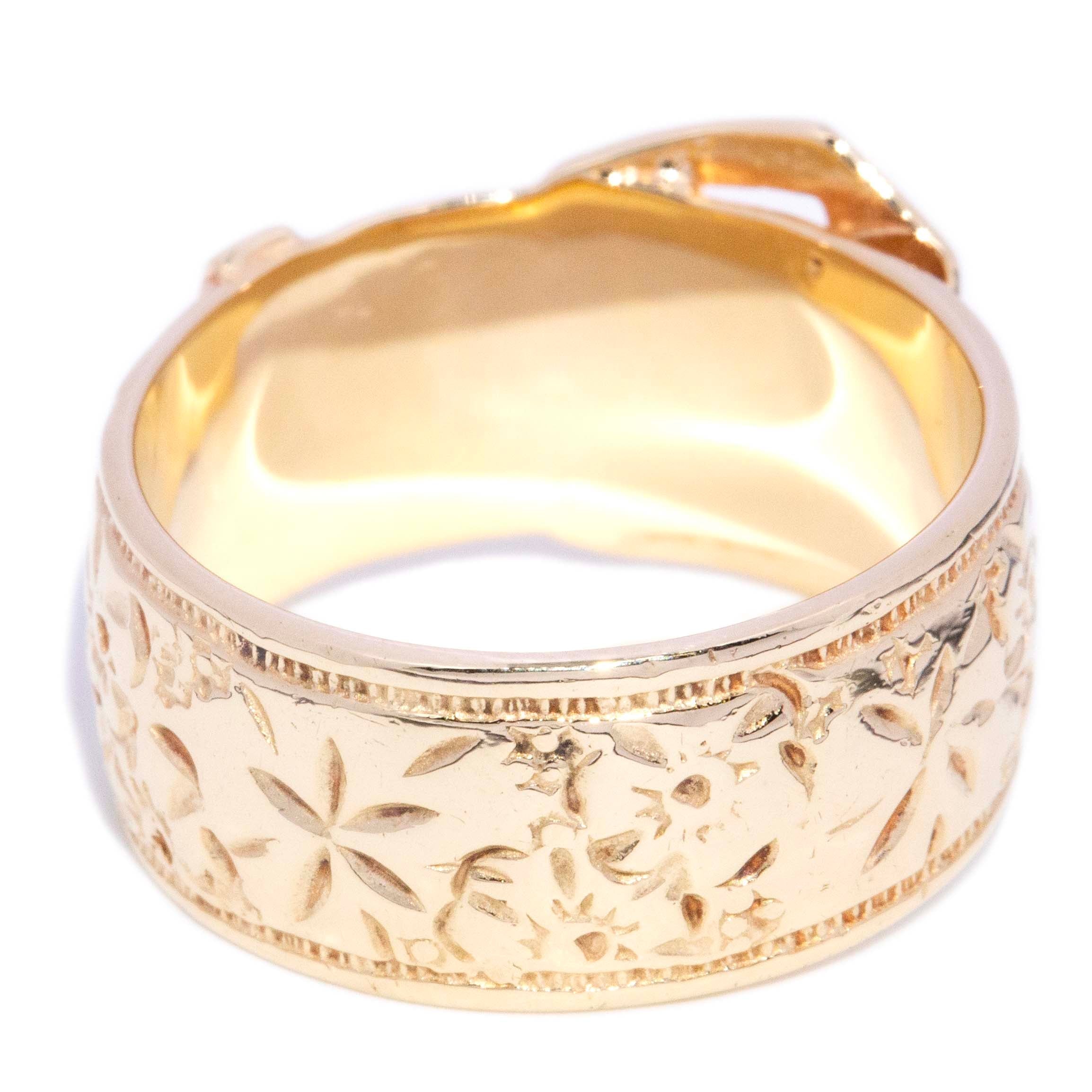 Daniel 1970s Engraved Belt Buckle Ring 9K Yellow Gold Rings Anthology Jewellers 