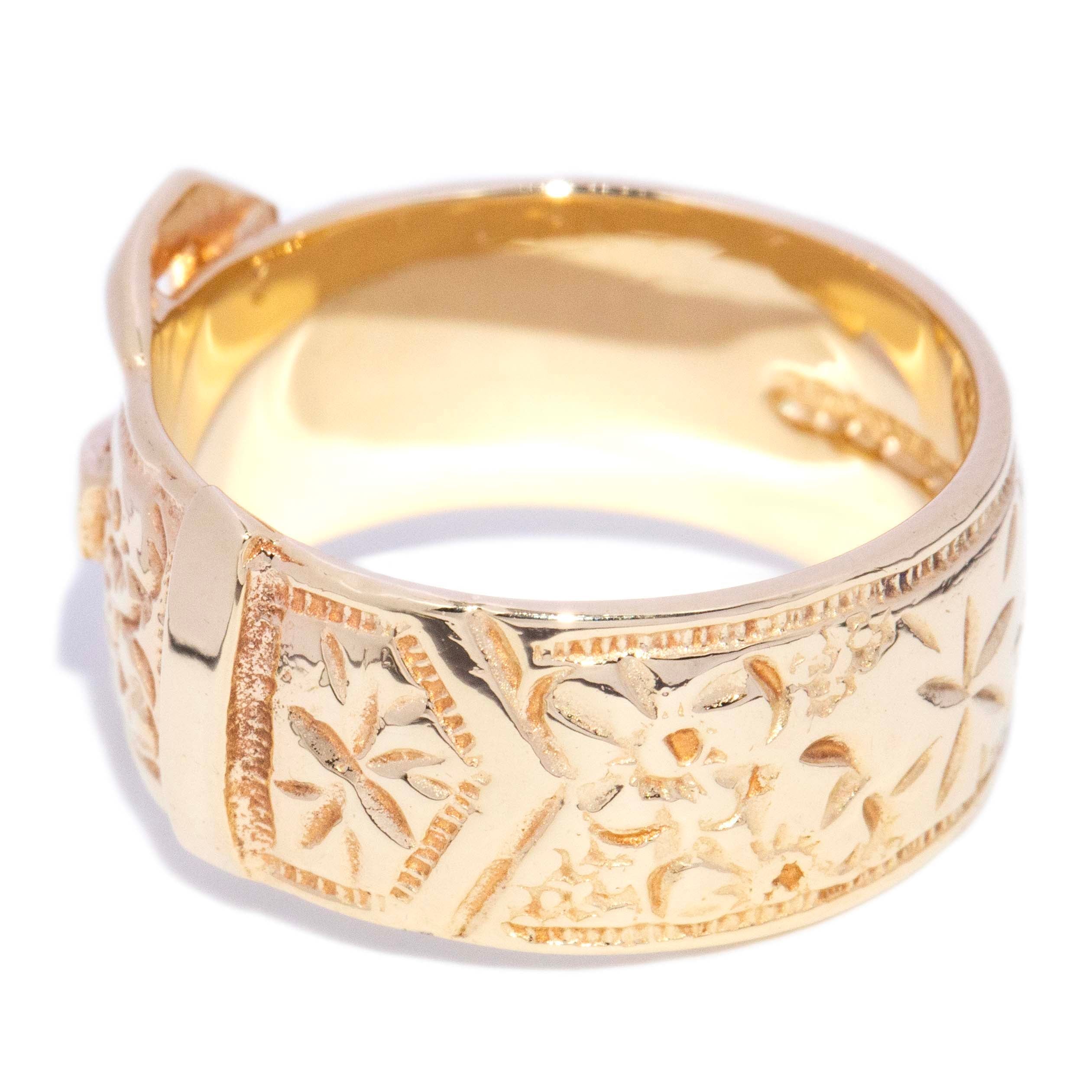 Daniel 1970s Engraved Belt Buckle Ring 9K Yellow Gold Rings Anthology Jewellers 
