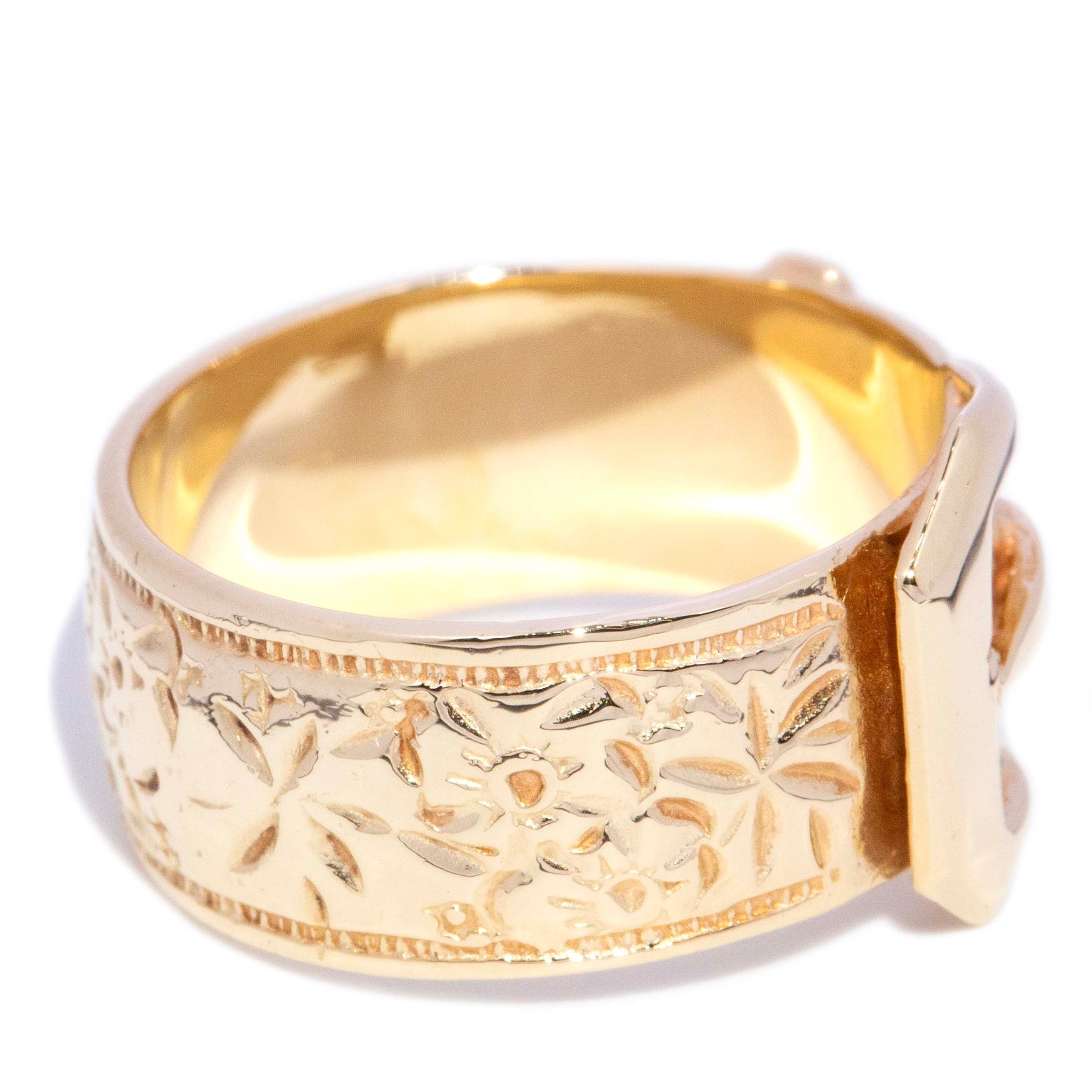Daniel 1970s Engraved Belt Buckle Ring 9K Yellow Gold Rings Anthology Jewellers 