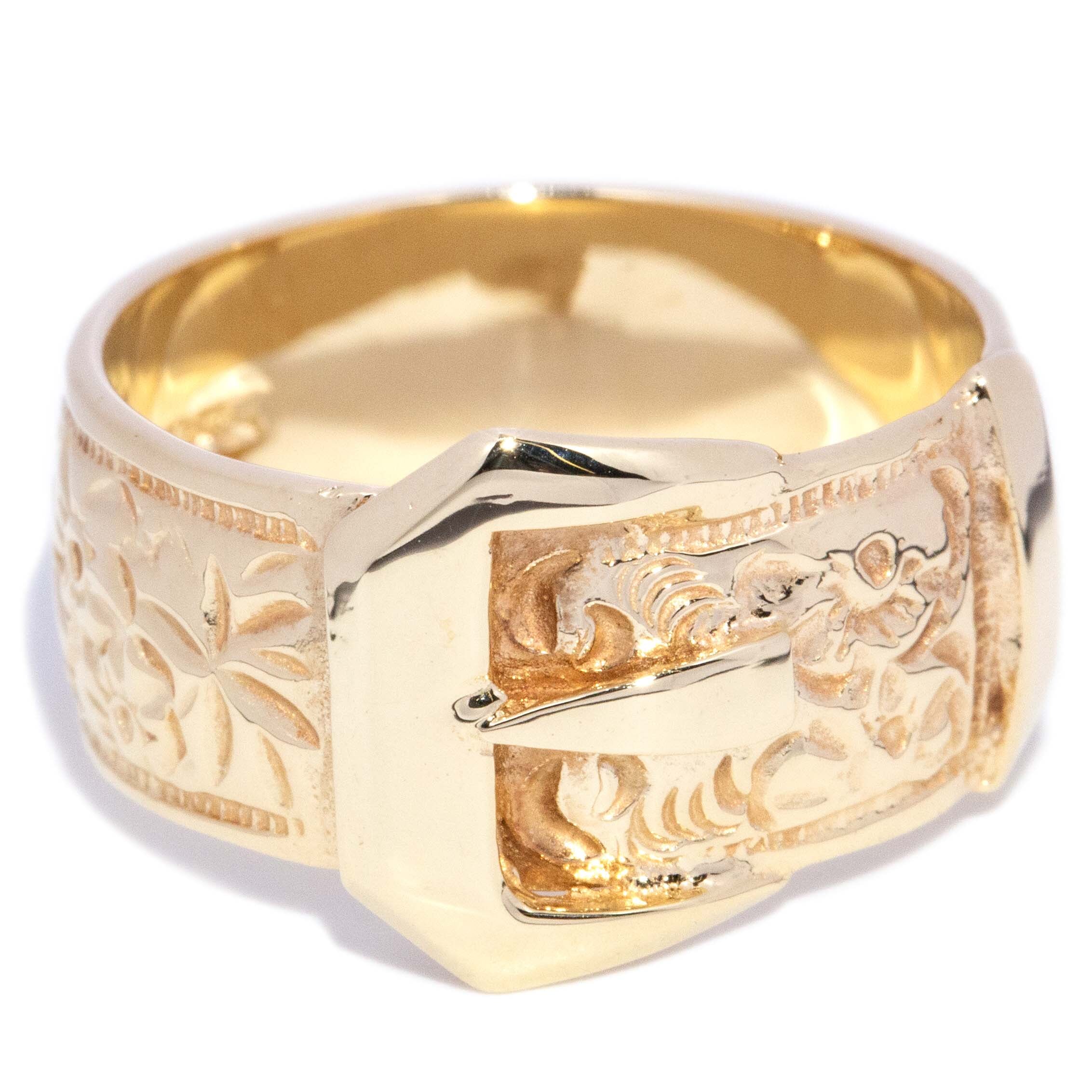 Daniel 1970s Engraved Belt Buckle Ring 9K Yellow Gold Rings Anthology Jewellers 