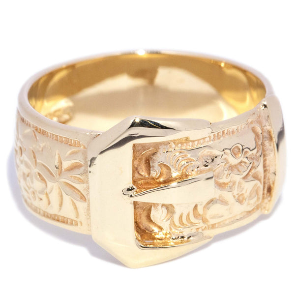 Daniel 1970s Engraved Belt Buckle Ring 9K Yellow Gold Rings Anthology Jewellers 