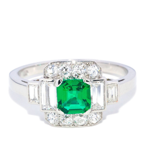 Danni 1960s Emerald & Diamond Art Deco Inspired Platinum Ring Rings Anthology Jewellers 