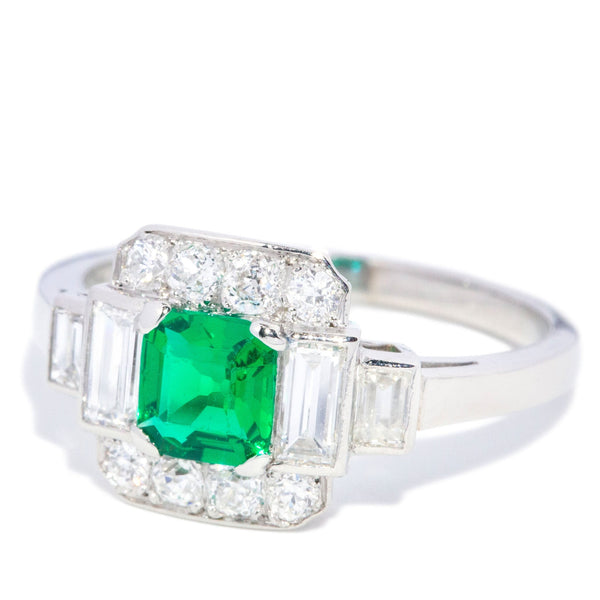 Danni 1960s Emerald & Diamond Art Deco Inspired Platinum Ring Rings Anthology Jewellers 
