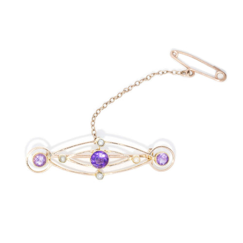 Darana 1930s Amethyst & Pearl Navette Brooch 15K Yellow Gold