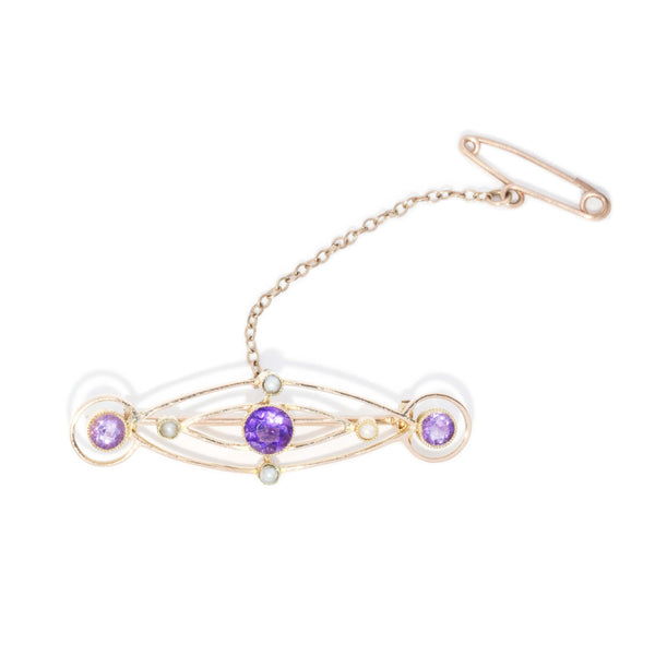 Vintage Circa 1930s Amethyst & Seed Pearl Brooch 15 Carat Gold