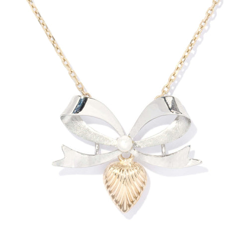 Daria 1970s Ribbon Bow & Heart Necklet 9K Two Tone Gold