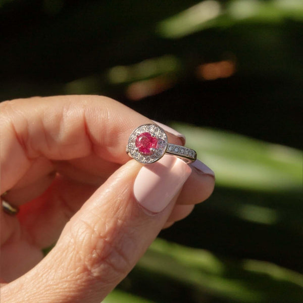 Darla Deep Pink Tourmaline & Diamond Platinum Halo Ring