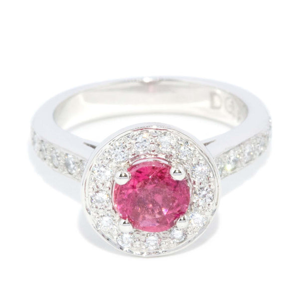 Darla Deep Pink Tourmaline & Diamond Platinum Halo Ring