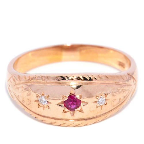 Darlene 1970s Ruby & Star Set Diamond Ring 9K Rose Gold