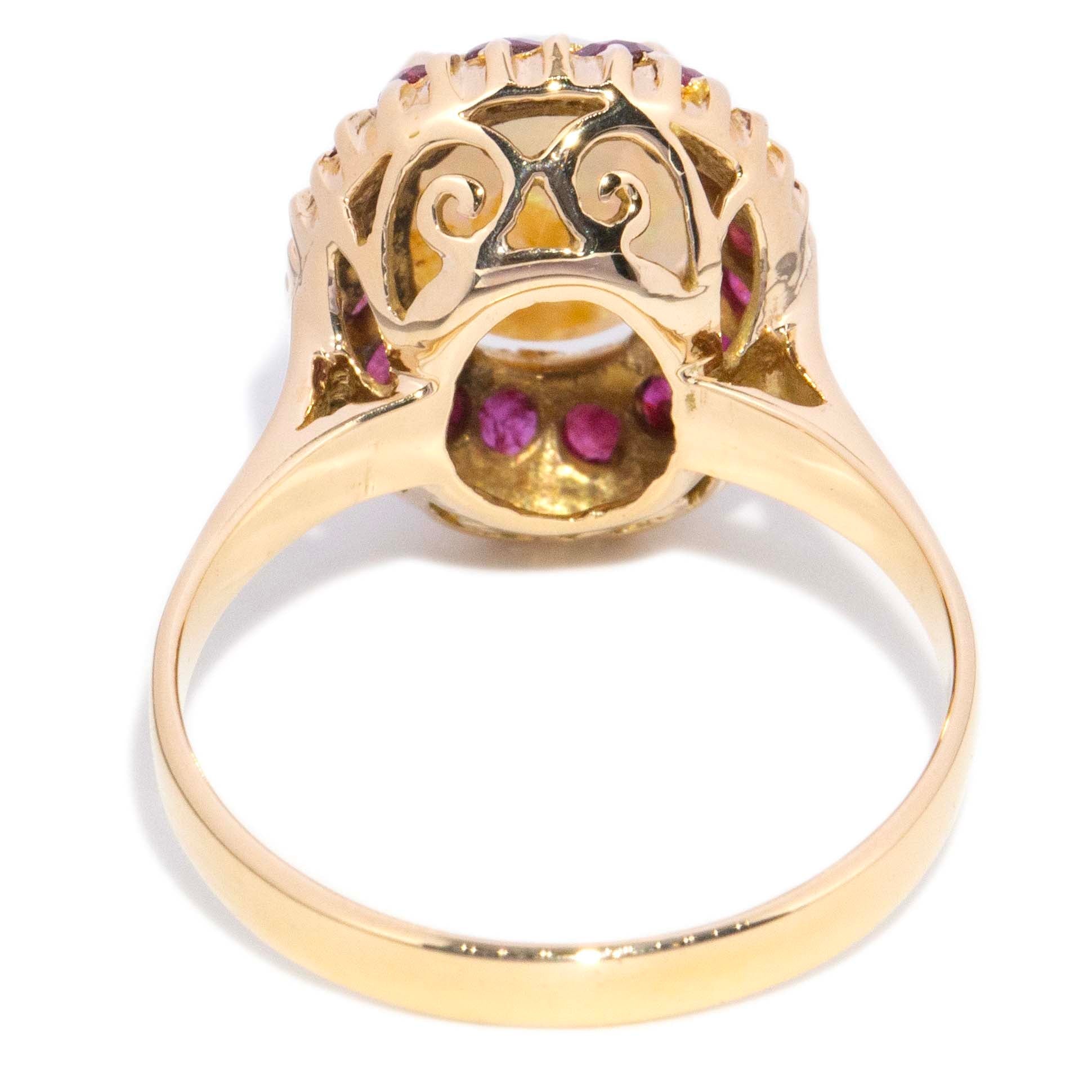 Deirdre 1980s Crystal Opal Garnet Halo Ring 10K Yellow Gold Rings Anthology Jewellers 