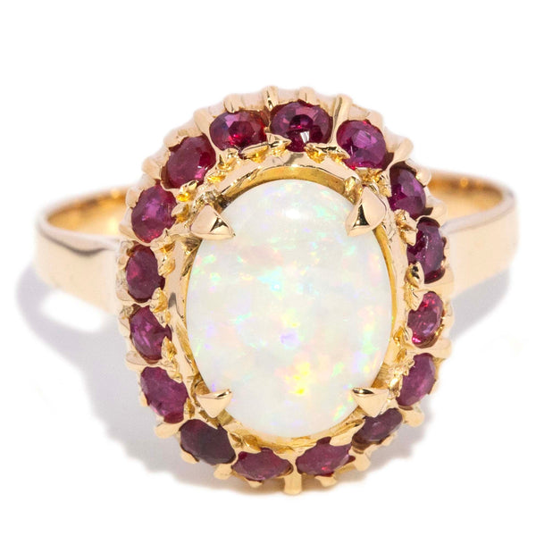 Deirdre 1980s Crystal Opal Garnet Halo Ring 10K Yellow Gold Rings Anthology Jewellers 