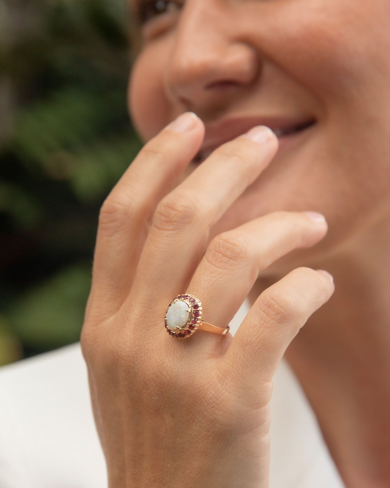 Deirdre 1980s Crystal Opal Garnet Halo Ring 10K Yellow Gold Rings Anthology Jewellers 